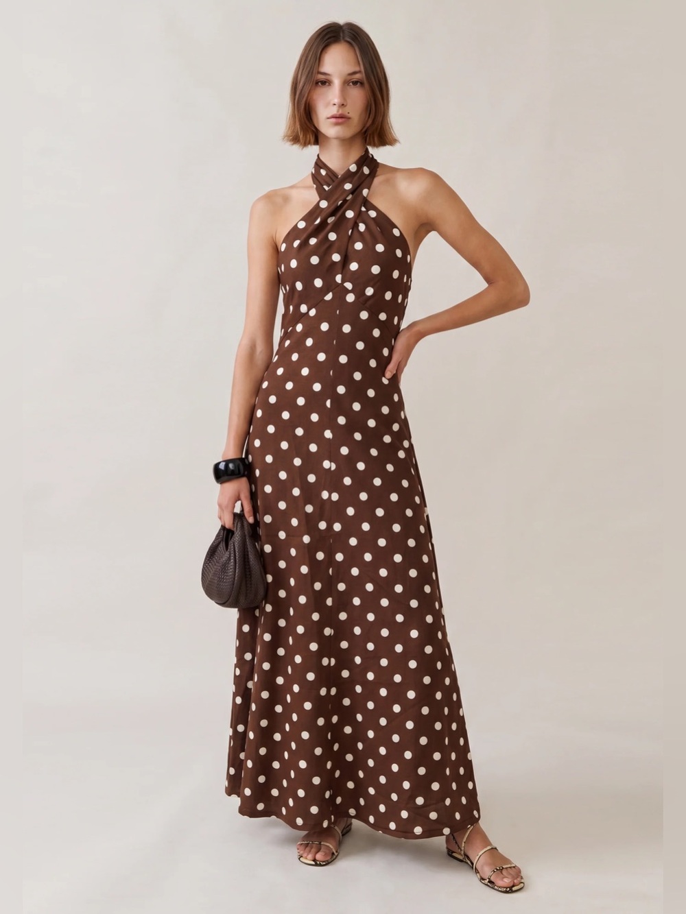 Few Moda o.p.t. “Noelle” Brown and White Polka Dot Halter Maxi Dress